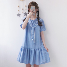 2018 Mori girl summer new women's Korean fresh sweet cute stripe ruffled long short sleeve elegant Lolita Dress 2024 - buy cheap