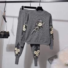 Great quality beading knit suits female heavy industry beading flowers embroidery sweater + pants two pieces sets wq1731 2024 - buy cheap