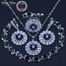 Flower Blue Cubic Zirconia 4PCS Women Custume Jewelry Sets silver color Earring Pendant Necklace Bracelet Ring Free Gift 2024 - buy cheap