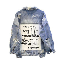 2019 Vintage Letter Print Frayed Jean Jacket Women Long Sleeve Ripped Hole Denim Coat Female Spring Causal Bomber Jackets 2024 - buy cheap