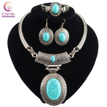 Oval Green Stone Jewelry Sets Vintage Necklace Earrings Bracelet For Women Flower Pendant Fashion Party Fashion Jewelry 2024 - buy cheap