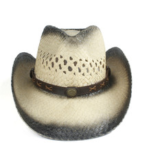 Sombrero de paja con agujeros para Hombre y mujer, Sombrero de paja Unisex, estilo Cowboy del Oeste, Sombrero de playa, Jazz, talla 56-58CM 2024 - compra barato