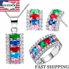 US STOCK Uloveido Silver Green/Purple/Red/Blue/Pink Crystal Jewelry Set Wedding Necklace Earrings Ring Jewelry Sets T499 2024 - buy cheap