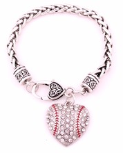 antique sliver plated zinc studded with sparkling crystal BASEBALL heart  pendant charm bracelet link chain 2024 - buy cheap