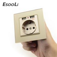 Настенная розетка EsooLi с двойной usb-порт для зарядки 2 А, из закаленного стекла, для мобильный телефон, 16 А, европейский стандарт 2024 - купить недорого