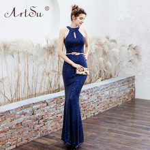 ArtSu Black Silver Round Neck Choker Floor-Length Maxi Mermaid Dress Luxurious Women Sequins Long Party Dress Red Robe De Soiree 2024 - buy cheap