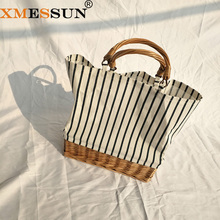 Xmessun 2021 bolsa de palha em tecido listrado, bolsa de mão feminina portátil de alta capacidade em rattan, bolsa de compras grande para mulheres s07 2024 - compre barato