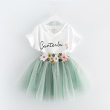 Vestidos infantis para meninas 2019, roupas para crianças, conjunto com 2 peças, camiseta de manga borboleta + vestido floral voile 2024 - compre barato