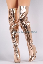 Pointed Toe Basic Thin High Heel Boots Gold Rose Gold Silver Black Metal Luster Over The Knee Long Boots Sexy Nightclub shoes 2024 - buy cheap