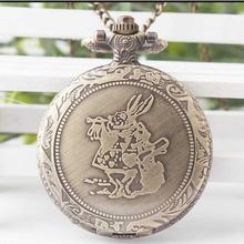 Vintage Cute Alice in Wonderland Rabbit Flower Pocket Watch Necklace Quartz Women Ladies Bronze Pendant Retro Chain Gift PO85 2024 - buy cheap