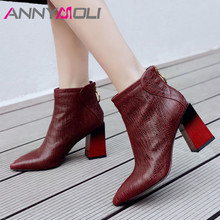 ANNYMOLI Women Boots Winter Ankle Boots Genuine Leather Block High Heel Short Boots Zip Pointed Toe Shoes Female Autumn Size 39 2024 - buy cheap