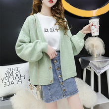 OHRYIYIE Solta Com Decote Em V Único Breasted Cardigan Camisola Das Mulheres 2019 Outono Inverno Blusas de Malha Casuais Feminino Verde Casacos Outwear 2024 - compre barato