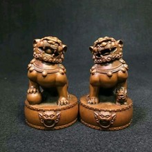 Chinese Boxwood Wood Carving Fengshui Lion Fu Foo Dog Guardion Beast Statue Pair 2024 - buy cheap