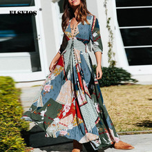 ELSVIOS-vestido largo con estampado de flores para verano, traje Sexy de media manga con escote triangular, botones, estilo bohemio 2024 - compra barato