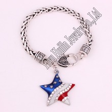 Fashion rhodium plated zinc studded with sparkling crystal American Flag star  pentagram pendant bracelet 2024 - buy cheap