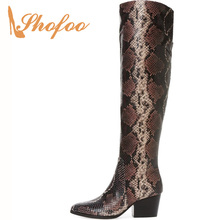 Snakeskin Female Adult Woman Knee High Boots Slip On Winter Zipper High Square Heels Pointed Toe Novelty 2019 Large Size 11 16 2024 - buy cheap