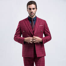 Men Suit 3piece (Jacket+Pant+Vest) British Wine Red Slim Fit Men Suit Set Fashion Tuxedo Dress Suits Plaid Blazer With Pants CD9 2024 - buy cheap