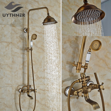 Recém bronze antigo bthroom chuveiro conjunto torneira w/handheld montagem na parede do chuveiro torneira misturadora dupla alças 2024 - compre barato