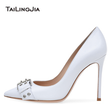 Women White Buckle Basic Pumps Extreme High Heel Pointed Toe Court Shoes Dress Heels Elegant Ladies Stilettos Wedding Shoes 2018 2024 - buy cheap