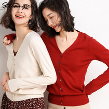 Cardigan de lã camisola de malha de lã vermelho com decote em v de malha cardigan de caxemira com botões preto casacos femininos para camisolas femininas 2024 - compre barato