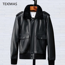 TEXIWAS Winter 100% Cowhide Sheepskin Genuine Leather jacket men fur collar Thicken Outerwear top Warm pilot bomber jacket Coat 2024 - buy cheap