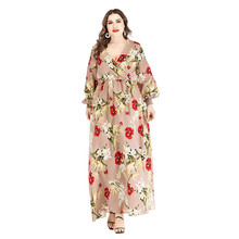 2019 Plus size XL-6XL Summer Dress Women Chiffon Print Long sleeve Maxi Dresses Female V-neck Lantern sleeve Long Dresses G84 2024 - buy cheap