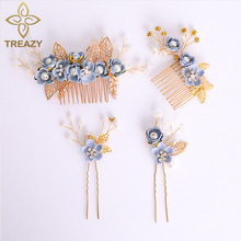 TREAZY Romantic Light Blue Flower Hair Combs Hairpins Women Hair Jewelry Bridesmaid Bridal Headpiece Wedding Hair Accessories 2024 - buy cheap