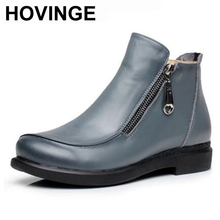 HOVINGE  2018 New Autumn Lady Winter Short Flat Heels Shoes Genuine Leather Boots Side Zipper Women Ankle Boots 2024 - buy cheap