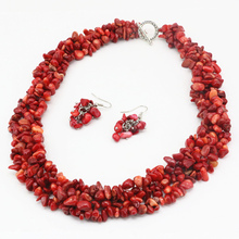 Fashion Women Necklace Earring Jewelry Set Natural Stone Red Coral 9-11mm Irregular Gravel Chip Bead Necklaces Earrings 18" A68 2024 - buy cheap