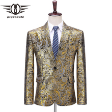 Gold Floral Jacquard Blazer Men 2019 Stylish Men's Wedding Blazers Luxury Stage Prom Party Costume Nightclub Blazer Male Q611 2024 - buy cheap