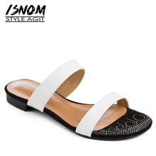 ISNOM Cow Leather Woman Slippers Open Toe Footwear Crystal Slides Female Shoes Low Heels Mules Shoes Women Summer 2019 New 2024 - buy cheap
