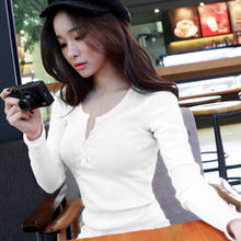 Spring Autumn Korea Button Thread Solid Color Long-Sleeved T-shirt Women's  Solid Slim O-neck Large Size T-shirt Hot Sale 2024 - buy cheap