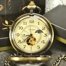 Часы-скелетоны TIEDAN Мужские механические, винтажные карманные деловые, с бронзовой цепочкой, с ремешком на запястье 2024 - купить недорого