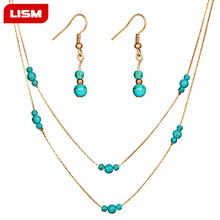 Boho Gold Color Indian Jewelry Set Blue Turquoises Stone Pendant Long Chain Necklace Dangling Earrings for Women Bijoux 2024 - buy cheap