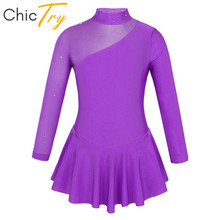 Chicly-vestido de patinaje sobre hielo para niñas, para gimnasia leotardo, Ballet y baile, con mangas largas de tul y diamantes de imitación 2024 - compra barato