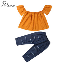 Conjunto de roupa de verão para bebês, 2 pçs, camiseta amarela com ombro de fora + calça jeans rasgado, verão 2019 2024 - compre barato