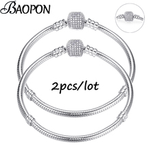 BAOPON 2 Pcs/Prata Banhado 3mm Básica Cobra Cadeia Pulseira Marca Encantos Pulseiras DIY Beads Jóias Original & pulseiras 2024 - compre barato