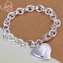 Promotion! Wholesale Silver Plated Bracelet Silver Fashion Jewelry charm bracelets Double Heart Bracelet Hot Sale Free Shipping 2024 - buy cheap