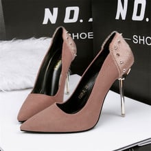 Women Faux Fur Retro Rivet High Heels Shoes 2021 Autumn Flock Shallow Pointed Shoes Metal Thin Heel Fashion Women's Office Shoes 2024 - buy cheap