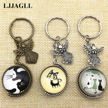 LJJAGLL Trendy Keychain Rotation Double Side Cabochon Pendant Yin Yang Cats Key Chain Angel Cat Cute Jewelry  Findings 2024 - buy cheap