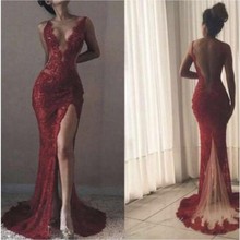 Applique Evening Dress Backless Mermaid Burgundy Prom Dresses abiye 2019 robe de soiree longue Tulle Evening Gowns Sleeveless 2024 - buy cheap