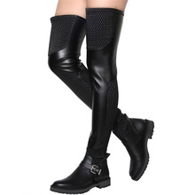 Sexy Round Toe Black Knitted Elastic Patchwork Flat Over Knee Boots Buckle Belt Long Flat Knight Boots Thigh Boots for Ladies 2024 - buy cheap