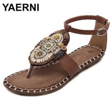 YAERNI 2019 Summer Women Sandals Bohemian Fashion Beading Pu Printed Gladiator Casual Flat Sandals For Woman E819 2024 - buy cheap