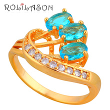 Rolilason menor preço em minha loja anéis incríveis para mulheres zircônia azul tom dourado joias fashion jr2143 2024 - compre barato