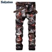 Sokotoo calças compridas com estampa 3d, calças masculinas slim da moda com revestimento brilhante casual y2k 2024 - compre barato