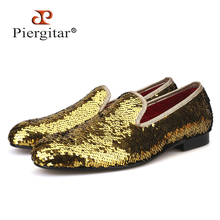 PIERGITAR 2019 Wedding and Prom Gold colors men smoking slippers luxurious glitter Handmade men loafers big size male flats 2024 - buy cheap