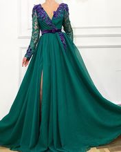 Dark Green Evening Dresses Long Sleeve Lace Robe de Soiree Fashion V neck Flowers Front Split Prom Party Gowns 2024 - buy cheap