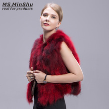 MinShu-Chaleco de piel de mapache Real para mujer, Chaqueta corta sin mangas con bolsillo, de piel de zorro, color rojo, Invierno 2024 - compra barato