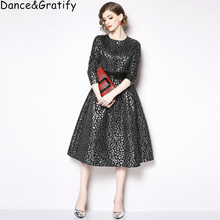 New 2019 Super Quality Women Vintage Jacquard Runway Dress Black Long Mid-calf Party Ball Gown Vestidos 2024 - buy cheap