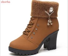 Botines de tacón alto para mujer, botas de nieve a la moda, zapatos de tacón grueso, color negro, Invierno 2024 - compra barato